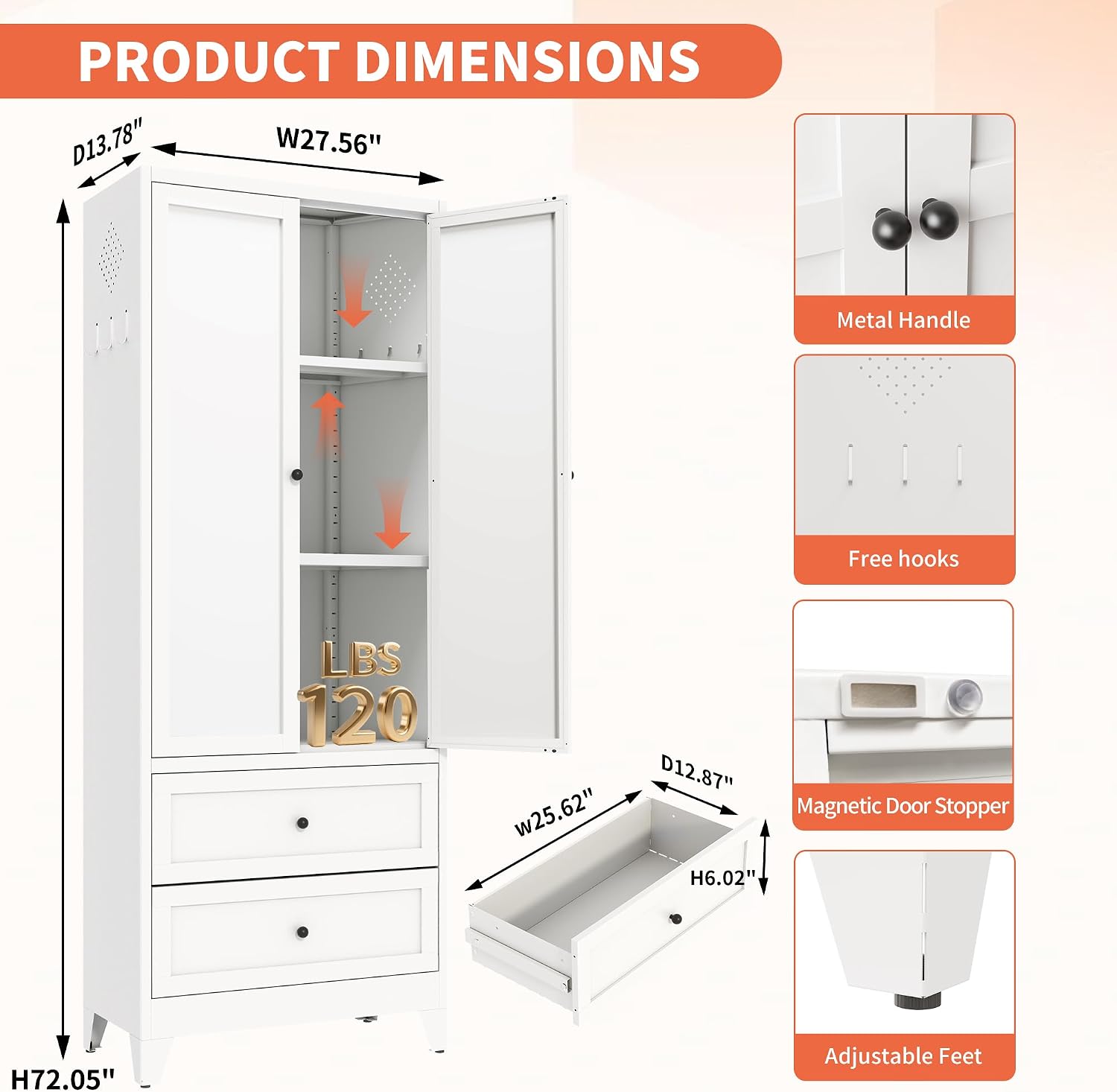 72' Metal Storage Cabinet with 2 Doors and 2 Drawers,White Kitchen Pantry Cabinet,Large Steel Cupboard Utility Cabinets for Kitchen,Living,Dining Room,Bathroom,Assembly Required