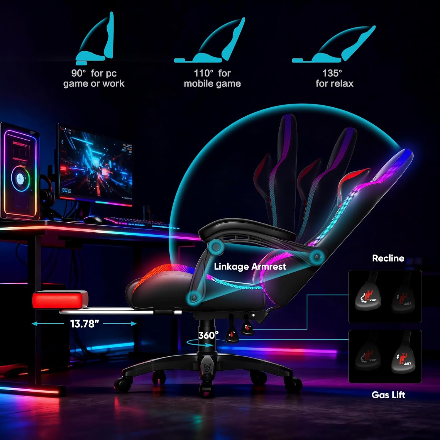 Czlolo Gaming Chair, Racing Style RGB LED Lights Gaming Chairs for Adults and Kids, Lumbar Massager Gamer Chair, High Back Reclining Computer Chair with Footrest and Headrest (Black/Red)
