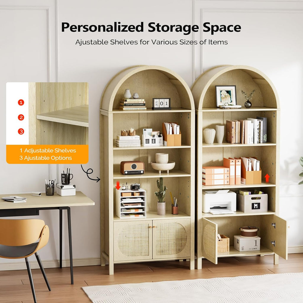 VINGLI Arched Display Cabinet (Oak Wood, 4 Shelves & 2 Doors)
