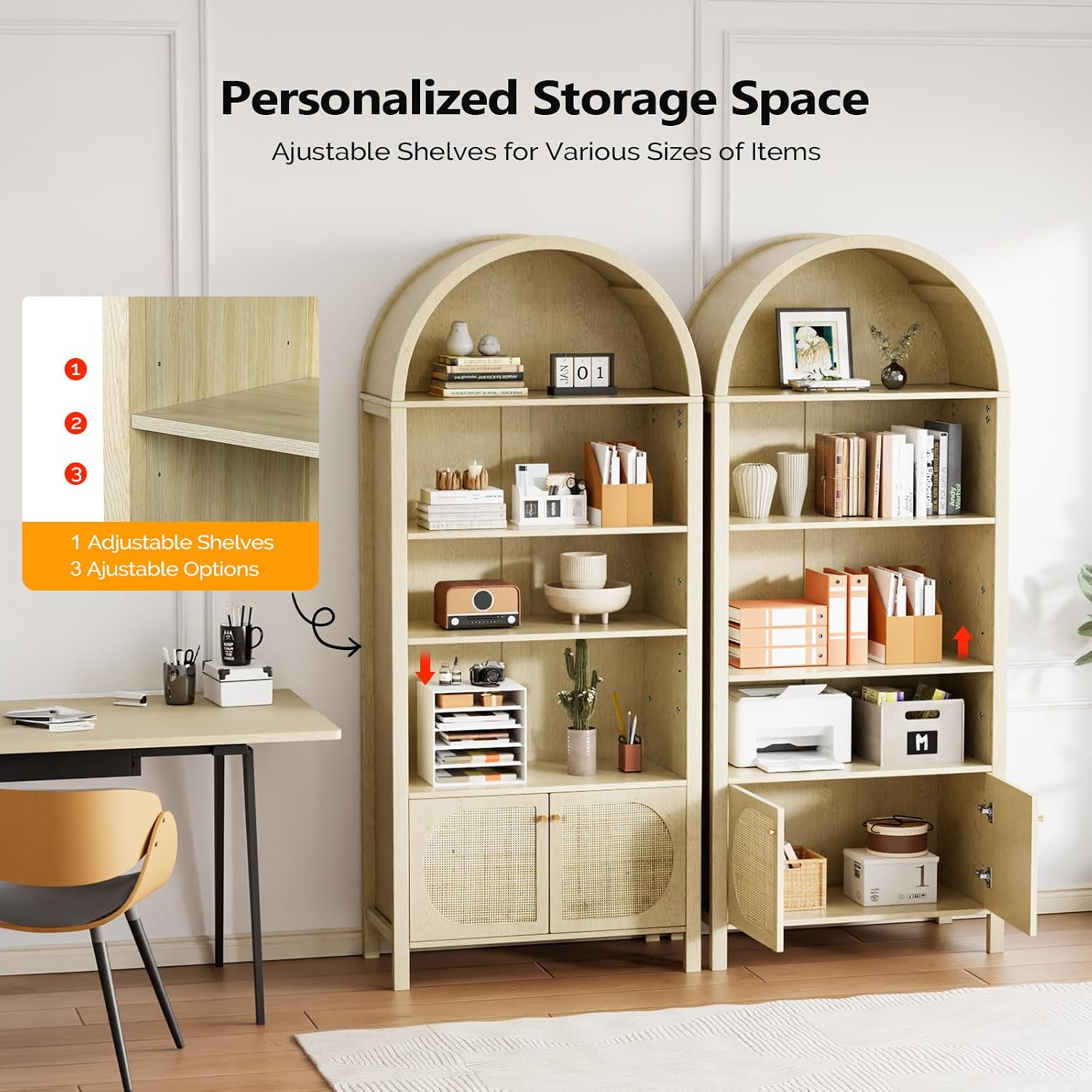 VINGLI Arched Display Cabinet (Oak Wood, 4 Shelves & 2 Doors)