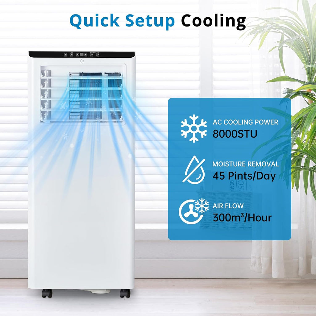 8,000 BTU Portable Air Conditioners Cools Up to 350 Sq.Ft, 3-In-1 Portable AC Unit With Dehumidifier, Fan, Cooling Mode & Window Kit, Room Air Conditioner Portable for Bedroom, Living Room, Office