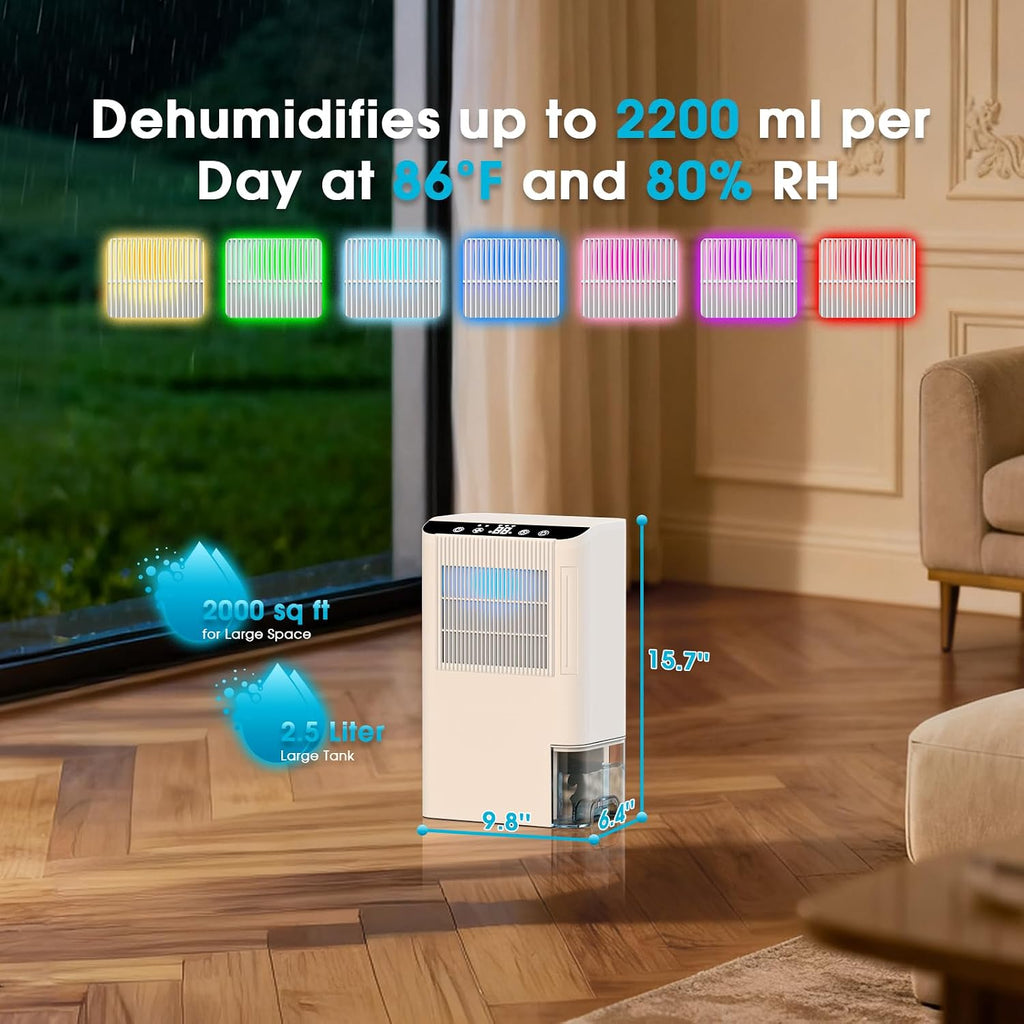 Dehumidifiers for Home, 2000 Sq.Ft Small Dehumidifier with 3.3ft Drain Hose, 2.5L Tank, Timer Sleep Mode, Portable Dehumidifier for Basement, Bedroom, Bathroom (Pearl White)
