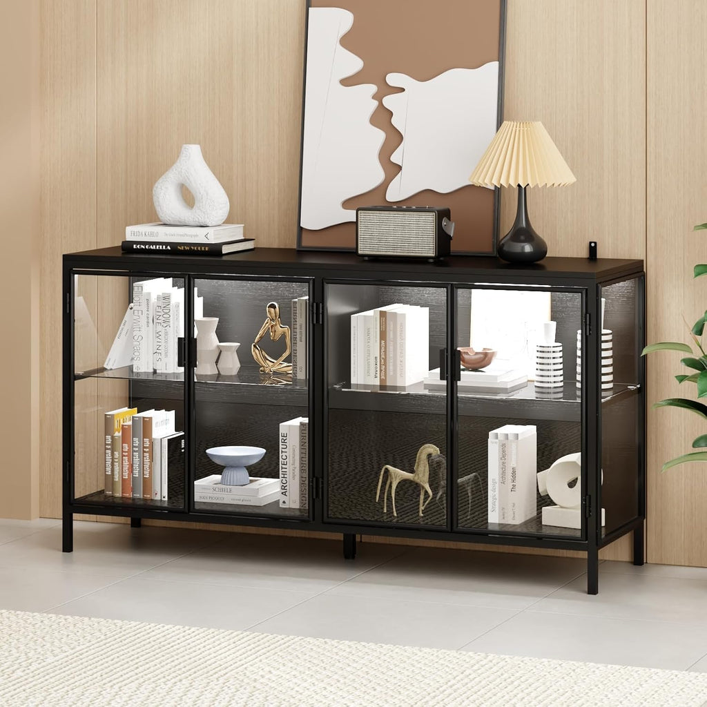 FUFU&GAGA Sideboard Buffet with LED Lights, Glass Doors, Modern Display Cabinet with Glass Shelves, Black Cupboard Credenza with Metal Legs, for Living Room Kitchen, 55.1'W x 15.7'D x 29.5'H