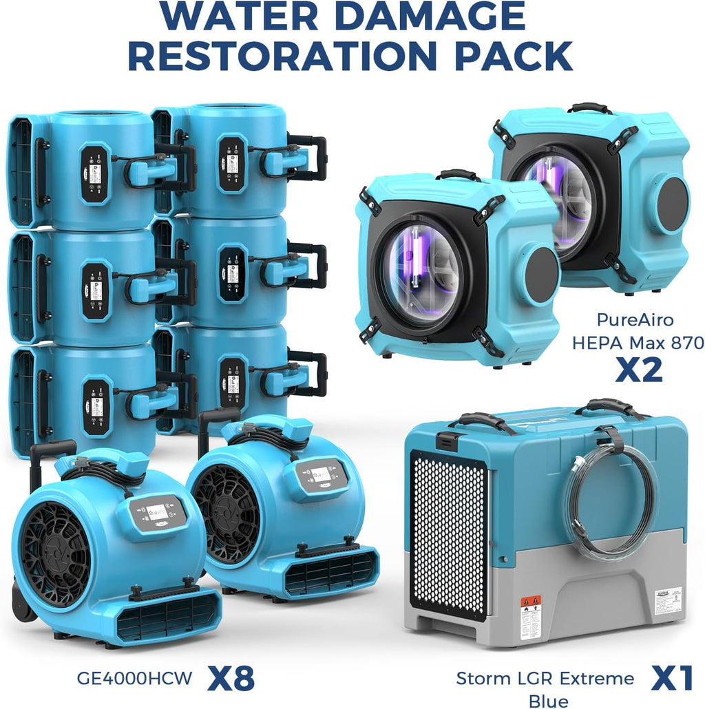 ALORAIR Water Damage Restoration Combo Package 8x Air Mover 2x Air Scrubber 1x Commercial Dehumidifier Ideal for Industrial, Commercial & Home Use - Set 4