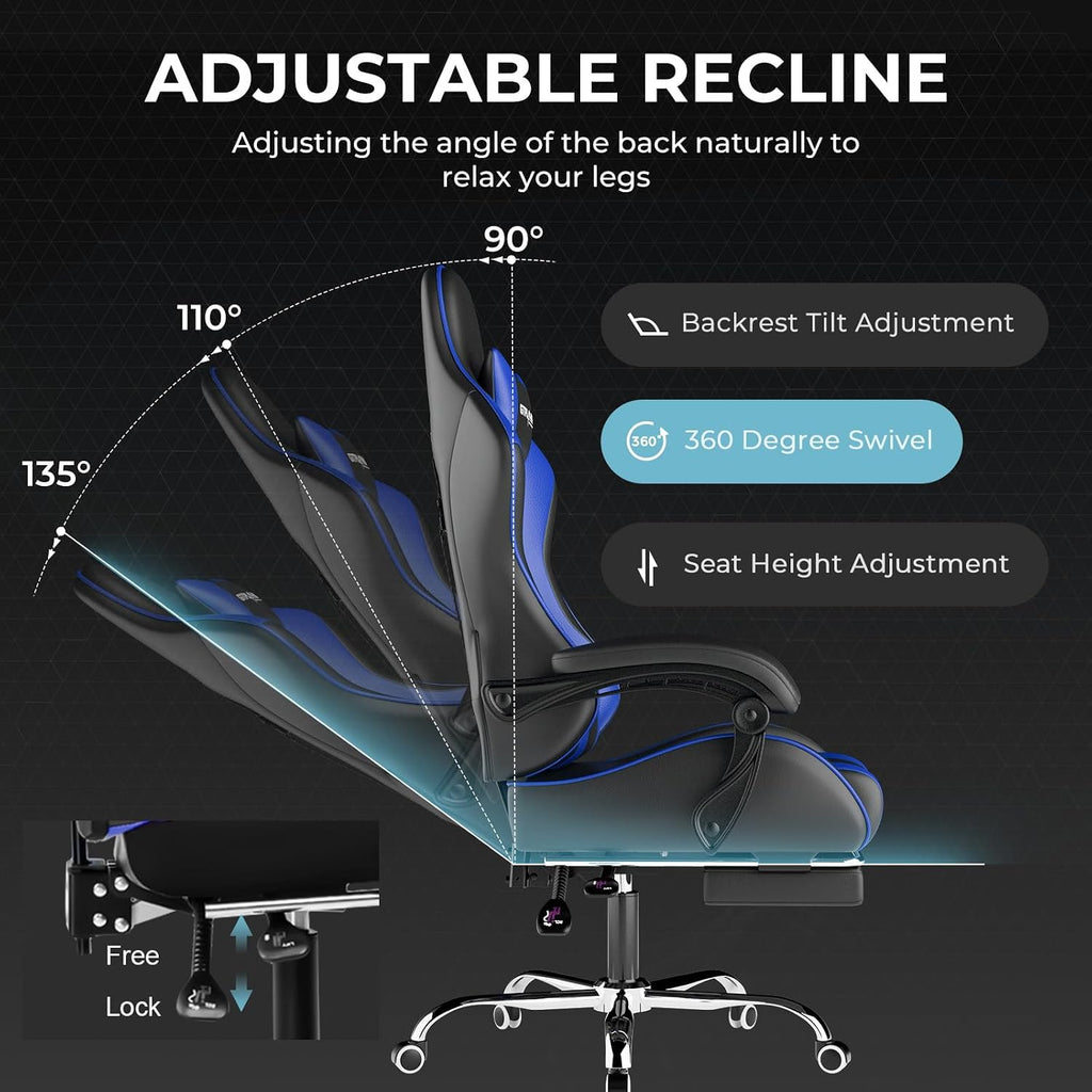 GTPLAYER Gaming Chair, Computer Chair with Footrest and Lumbar Support, Height Adjustable Game Chair with 360°-Swivel Seat and Headrest and for Office or Gaming (Faux Leather, Blue)