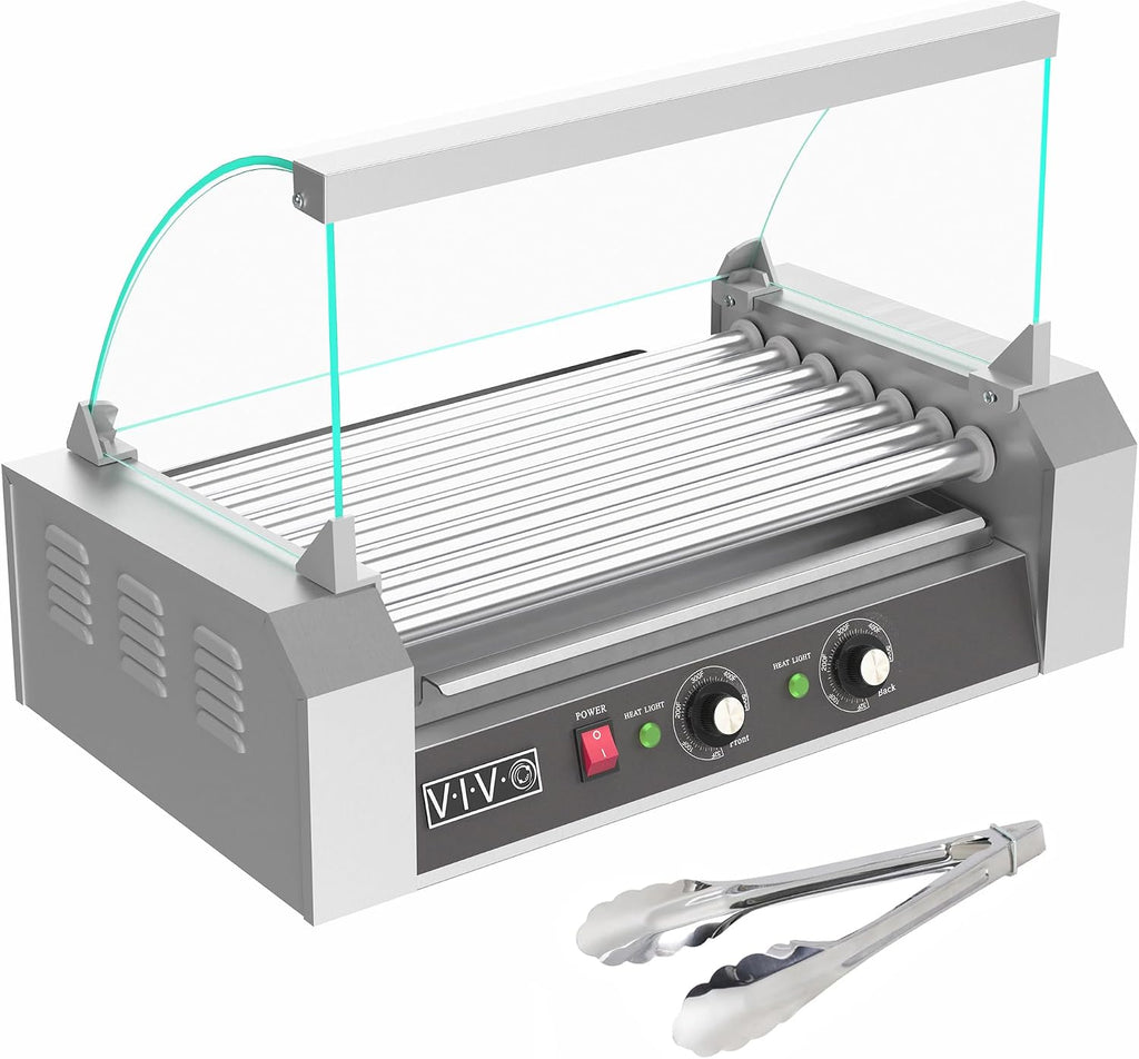 VIVO Electric 18 Hot Dog 7 Roller Grill Warmer, Stainless Steel, Commercial and Household 900W Machine with Cover, HOTDG-V207