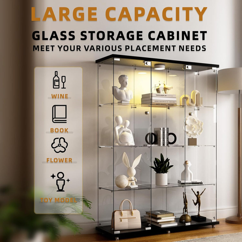 Glass Display Cabinet 12 Shelves with 2 Doors,Middle Open Display, Locking,LED Push Lights with Remote Control,4mm Tempered Glass Floor-to-Ceiling Glass Bookcase for Bedroom, Living Room,Black