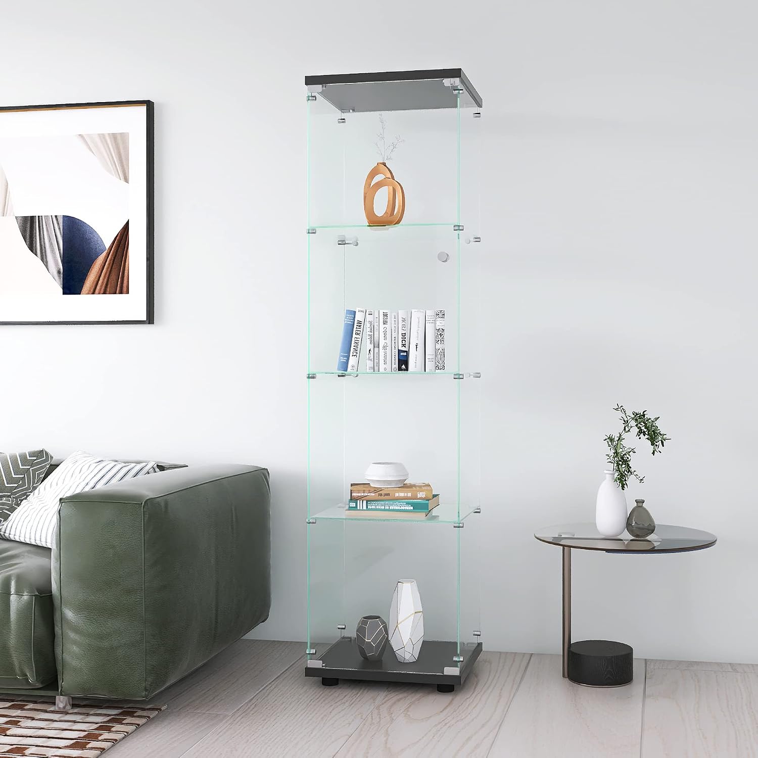 Glass Display Cabinet 4-Shelf with Door and Lock,Curio Cabinets Upgraded Quick-Install Storage Cabinet,Glass Floor Standing Bookshelf for Bedroom,Living Room,Office 16.7'Wx14.4'Dx64'H (Black)