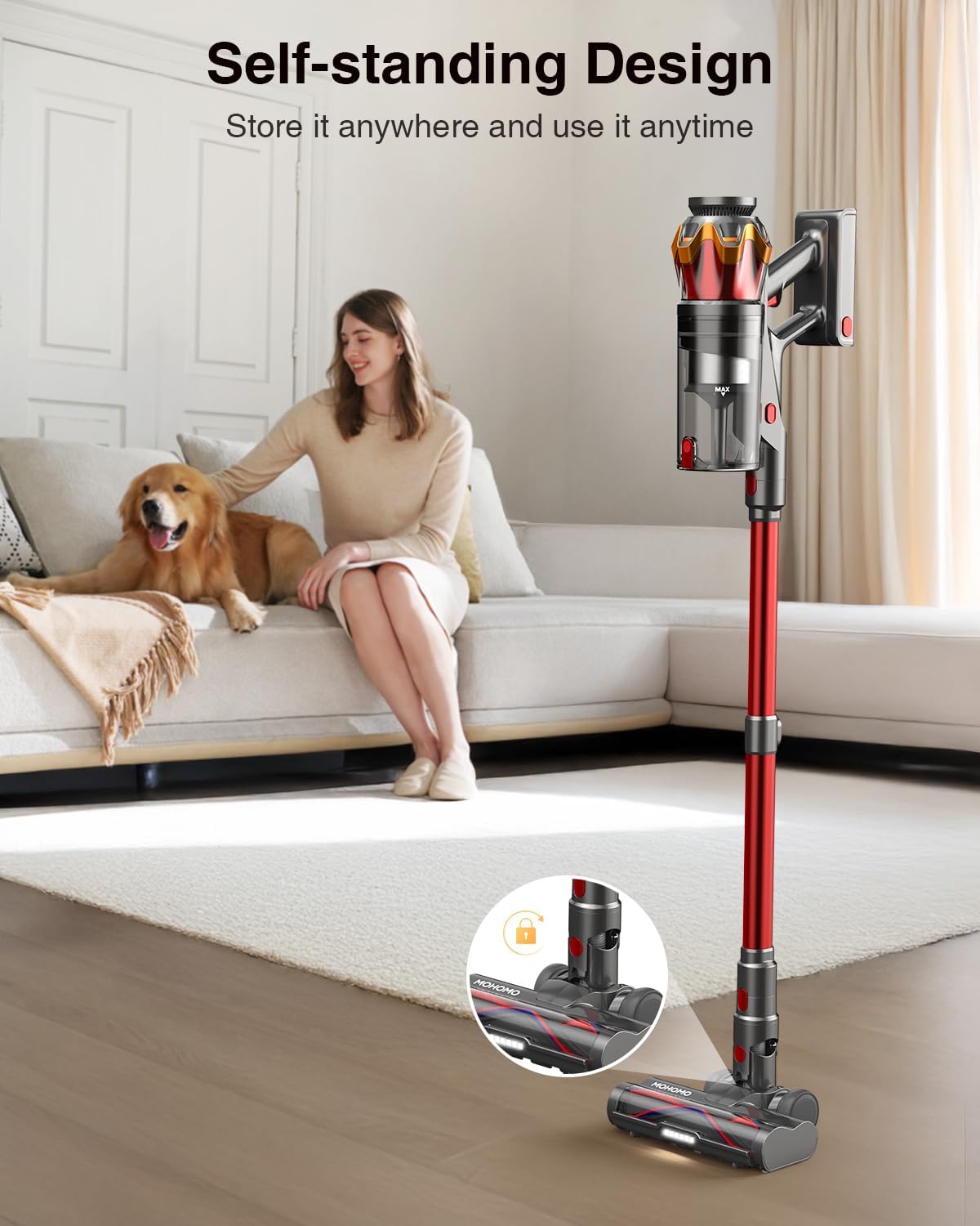 Cordless Vacuum Cleaner, 650W/55KPa 70Mins Vacuum Cleaners for Home, Self-Standing Stick Vacuum with Anti-Tangle Brush & OLED Touch Screen, Vacuum Cleaner for Hardwood Floors,Carpet,Pet Hair,Car (Red)