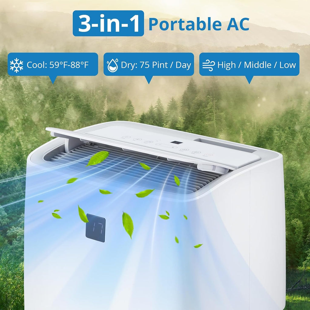 14K BTU Portable Air Conditioners, Cools up to 750 Sq. Ft 3-in-1 Movable AC for Room with Dehumidifier Fan Sleep Mode, 24H Timer, Remote Control, and Window Installation Kit Included