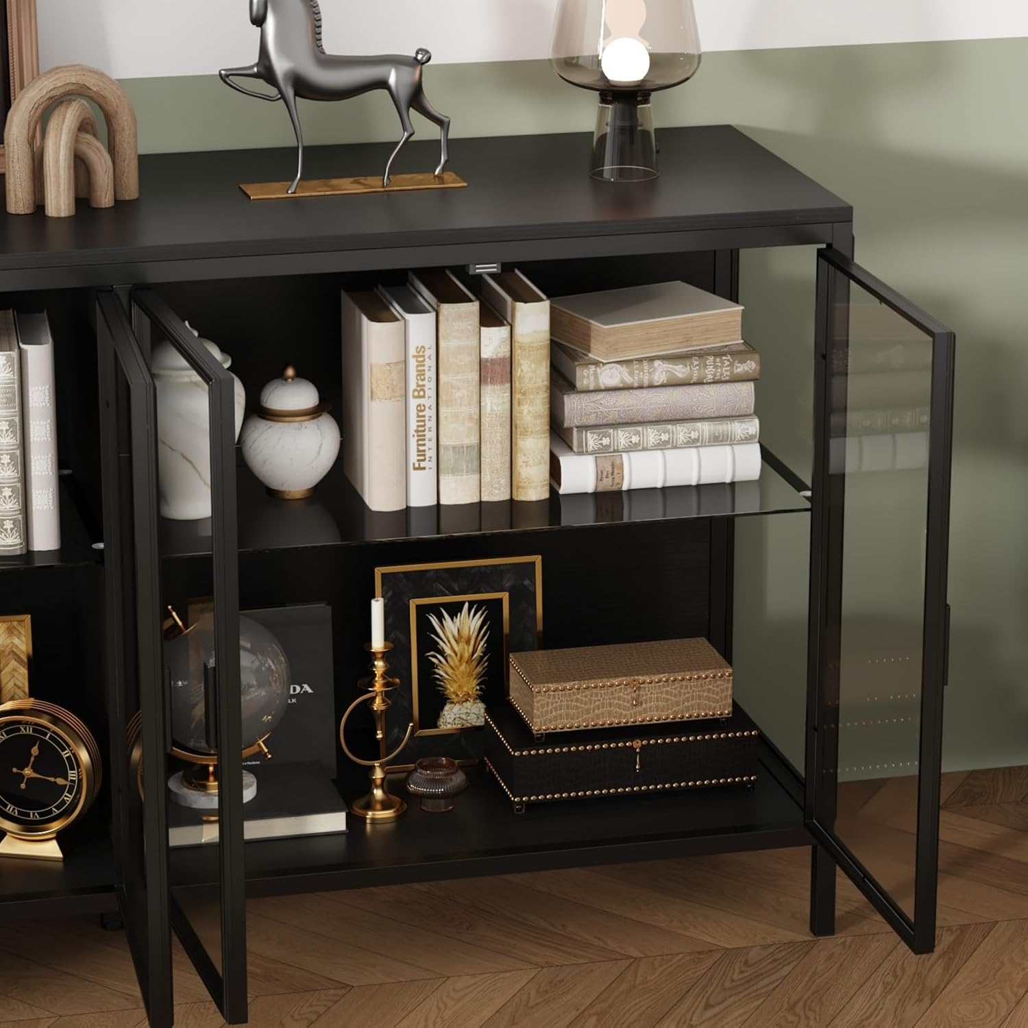 Display Cabinet with Glass Doors & LED Lights, Sideboard Buffet Cabinet with Glass Shelves & Metal Frame, for Living Room Black, 55.1'W x 15.7'D x 29.5'H