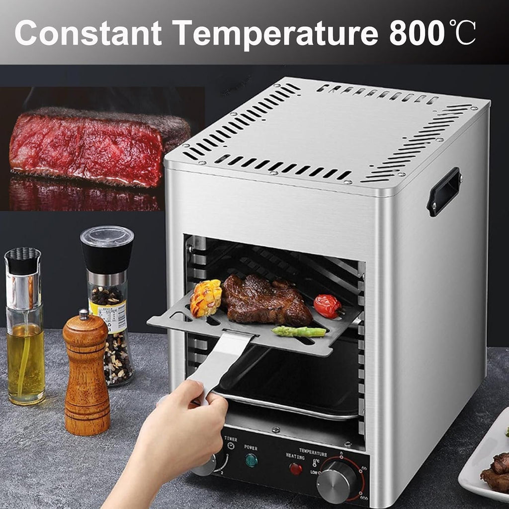 1700w Electric Steak Broiler,110v Electric Contact Grills W/10-Layer Grill/Stepless Knob/Time&Temperature Adjustable/Maximum Temperature 800℃,For Commercial And Home,Grey