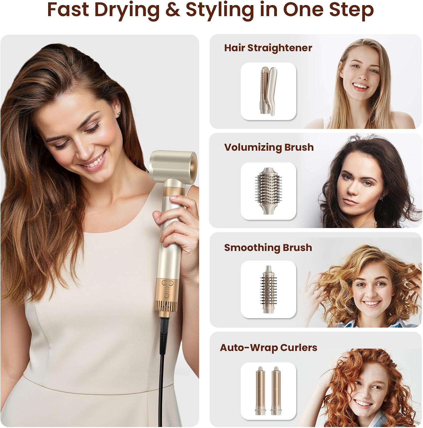MESCOMB 6 in 1 Hair Dryer and Straightener, Hot Air Styler Wrap - Fast Drying, 1400W Air Dryer with Straightener, Frizz-Free Blowout Brush for Smoothing & Curling, Volumizing