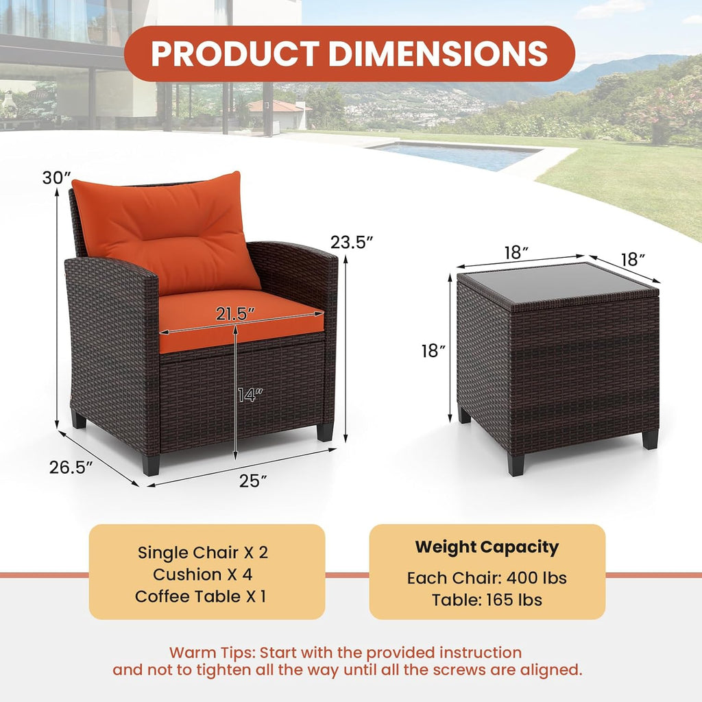 Tangkula 3 Pieces Patio Furniture Set, PE Rattan Wicker 3 Pcs Outdoor Sofa Set w/Washable Cushion and Tempered Glass Tabletop, Conversation Furniture for Garden Poolside Balcony (Orange)