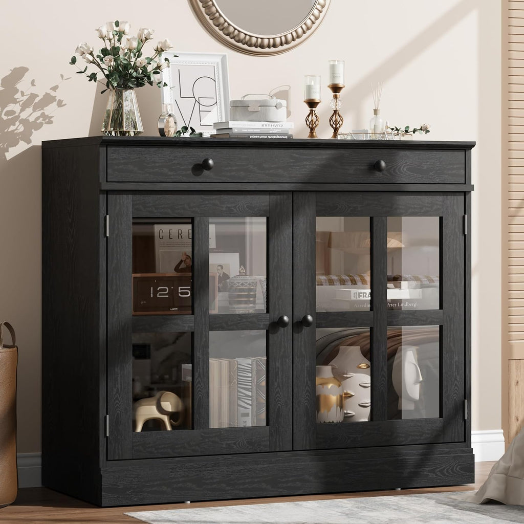 GarveeHome 35.4 in Sideboard Buffet Cabinets with Glass Door, Buffet Cabinet with Storage, Black Sideboard Cabinet with Drawer, Modern Buffets & Sideboards for Dining Room, Kitchen
