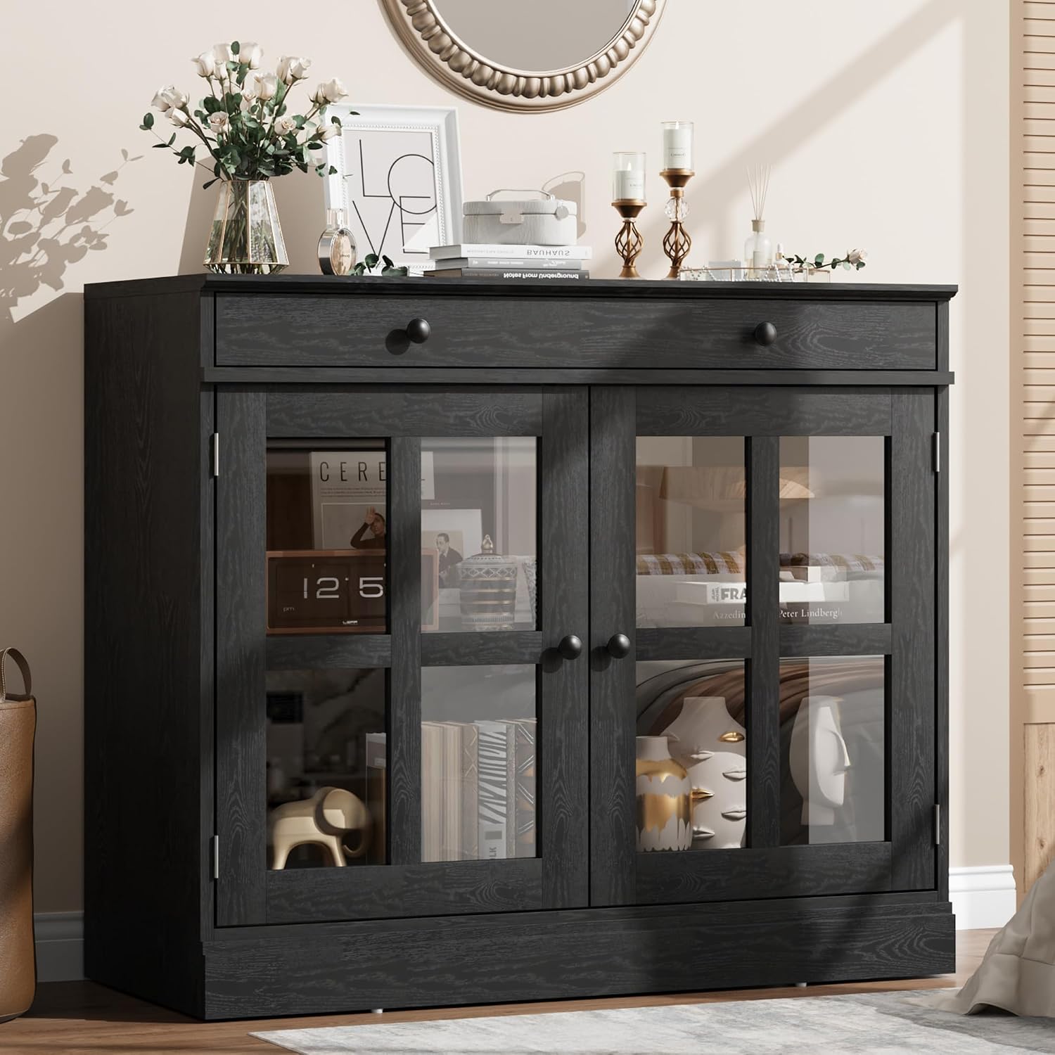 GarveeHome 35.4 in Sideboard Buffet Cabinets with Glass Door, Buffet Cabinet with Storage, Black Sideboard Cabinet with Drawer, Modern Buffets & Sideboards for Dining Room, Kitchen