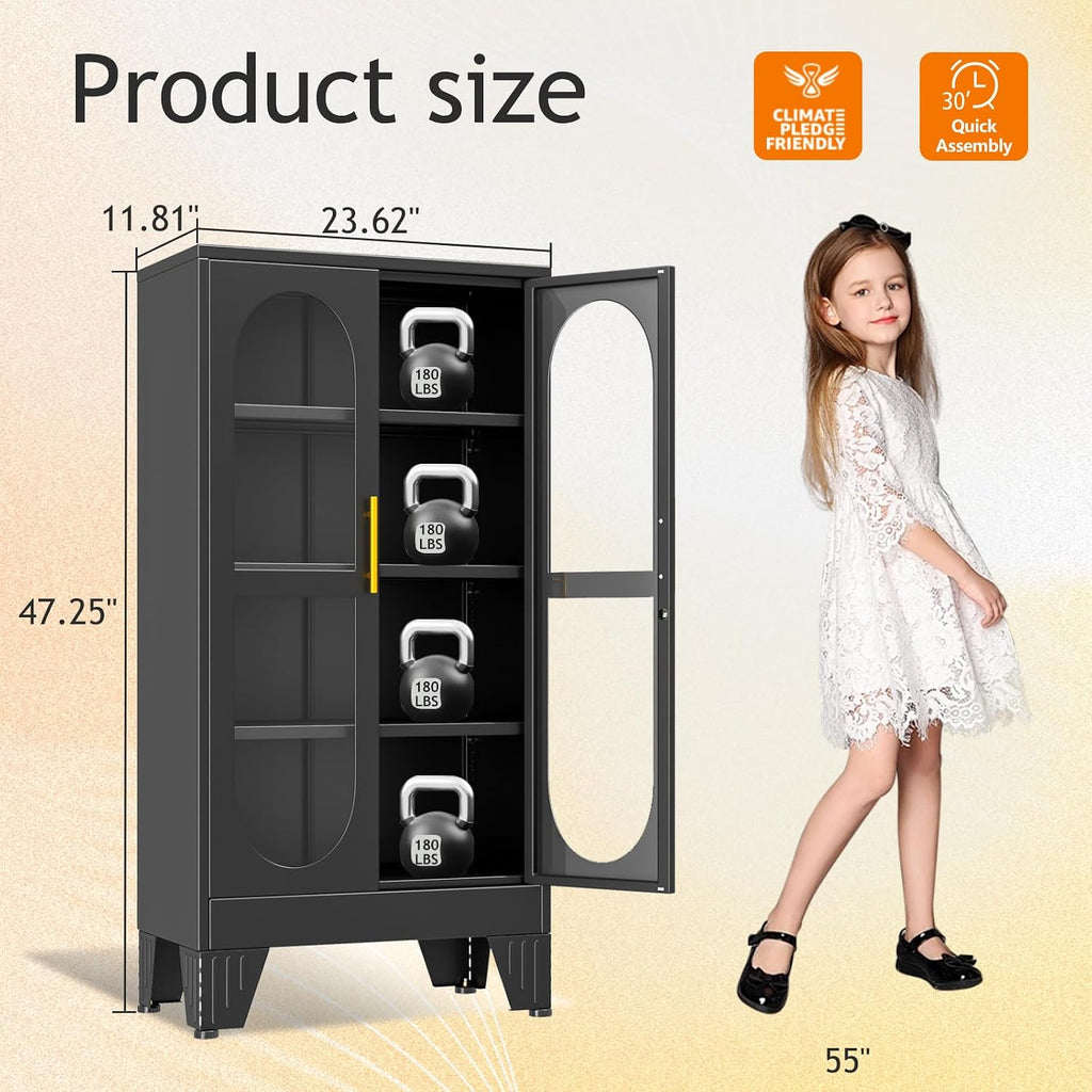 GAIOUS 47' Tall Metal Curio Cabinet, Display Storage Cabinet with Glass Door, 4 Tier Liquor Cabinet with 3 Adjustable Shelves, Locking Glass Display Case for Collectibles, Showcase Cabinets, Black