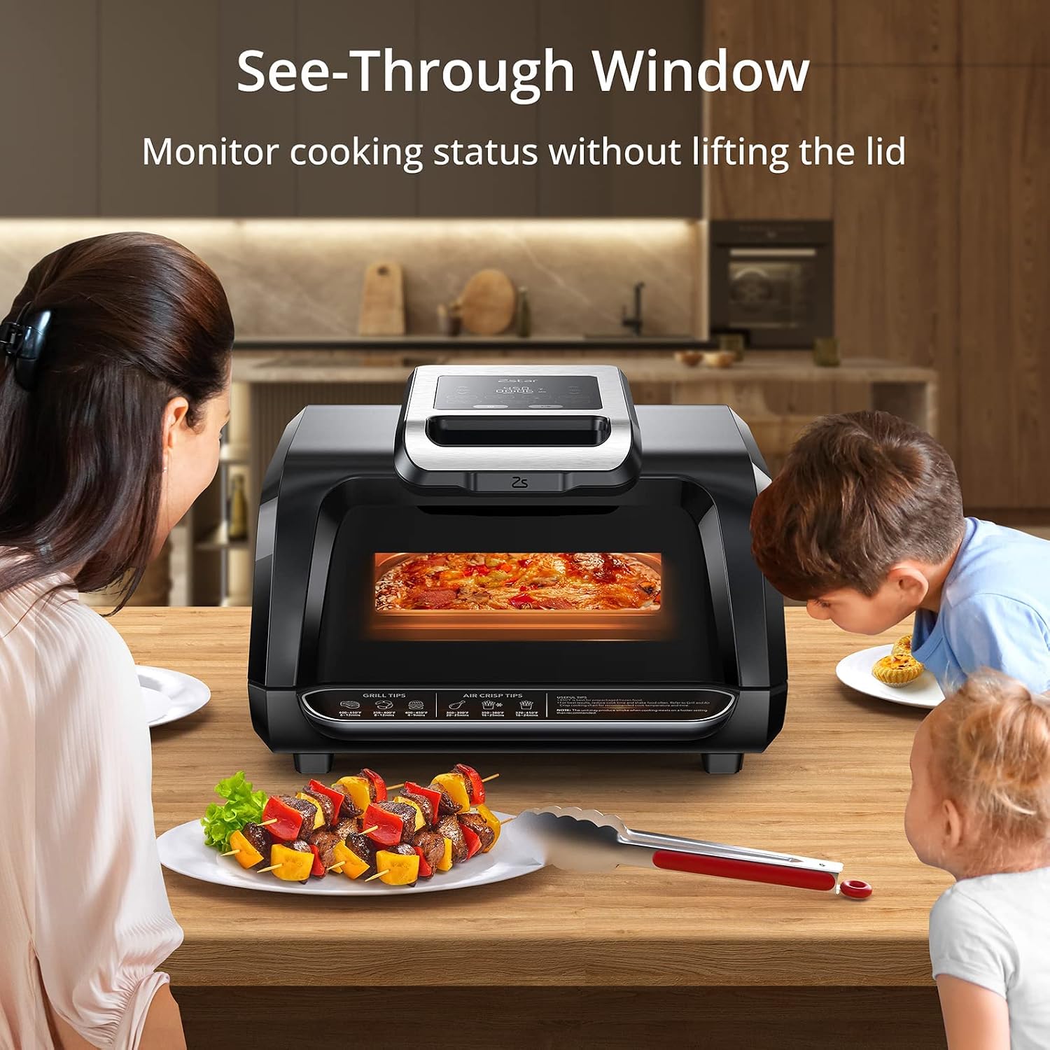 IDEALHOUSE 7-in-1 Indoor Grill Air Fryer Combo, Smokeless Electric Grill with Transparent Window, 1750W Power Reaches 450°f, Includes Nonstick Removable Plates, Silicone Tongs, 4QT