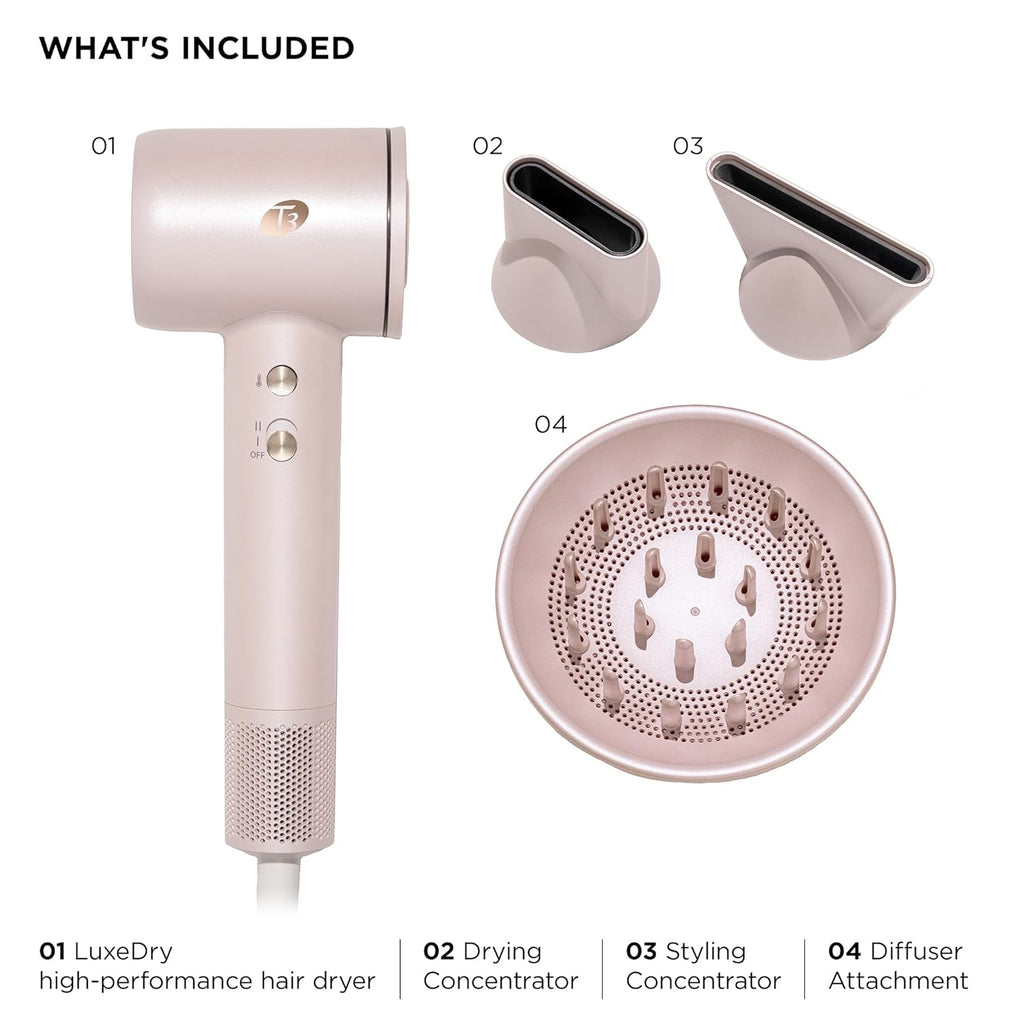 T3 LuxeDry High-Performance Hair Dryer Set with Drying Concentrator, Styling Concentrator & Diffuser Attachments |Fast, Powerful Drying & Styling |for All Hair Types