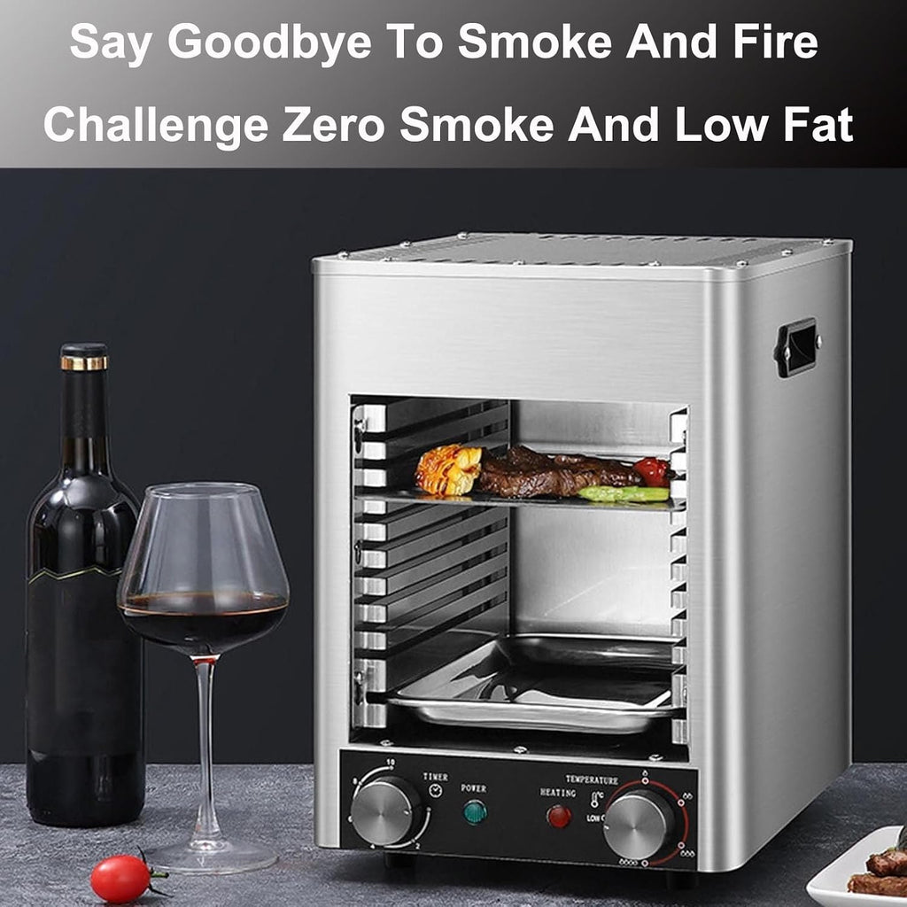 1700w Electric Steak Broiler,110v Electric Contact Grills W/10-Layer Grill/Stepless Knob/Time&Temperature Adjustable/Maximum Temperature 800℃,For Commercial And Home,Grey