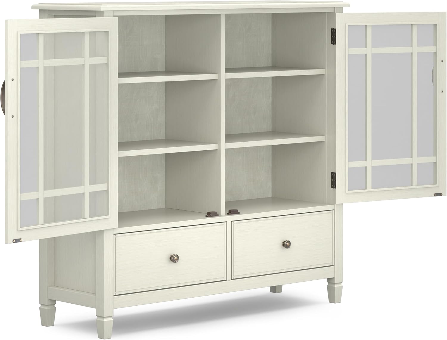 SIMPLIHOME Connaught Storage Cabinet - 46 inch Wide Solid Wood Tall Cabinet in Antique White, Traditional Console for Living Room or Dining Room with Glass Doors, Adjustable Shelves, and Drawers