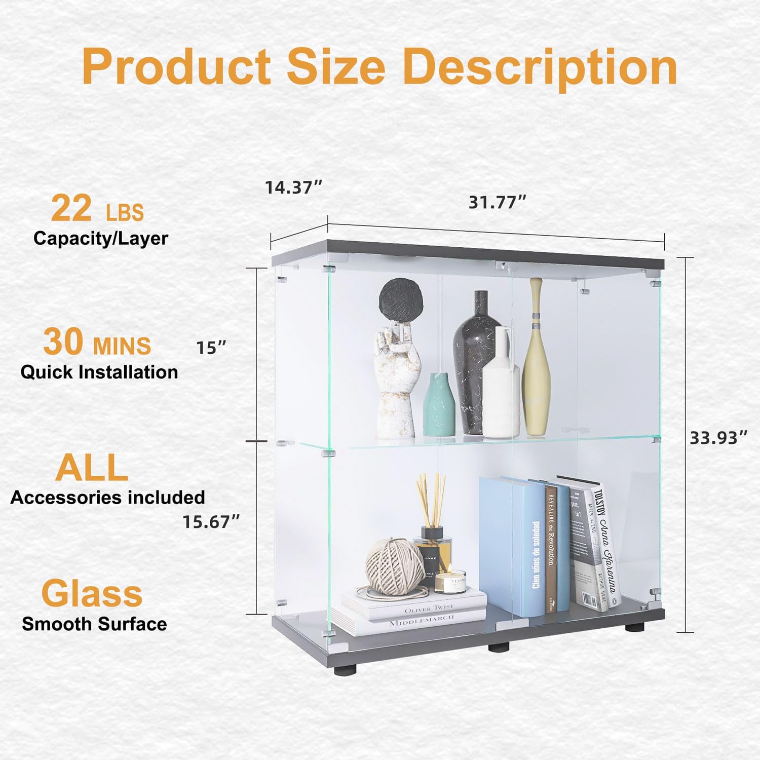 Display Cabinet with Glass Doors, Glass Display Cabinet with Lock, 2-Tier Curio Cabinet&Bookcase for Collectibles, Toys, Books, Glass Storage Cabinet, 32' W x 34' H x 14' D