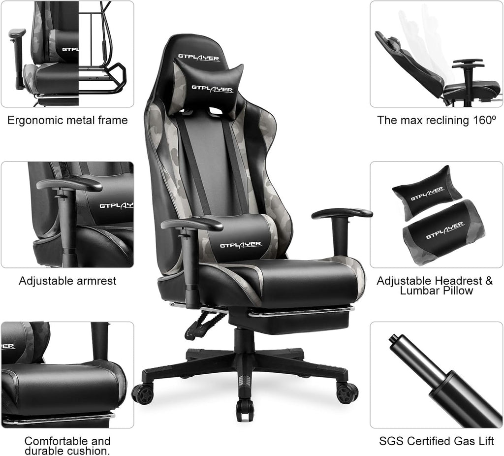 GTPLAYER Gaming Chair with Footrest, Ergonomic Computer Game Desk Chair, Reclining Gaming Chair Seat Height Adjustment, Swivel Rocker with Headrest and Lumbar (Camouflage)