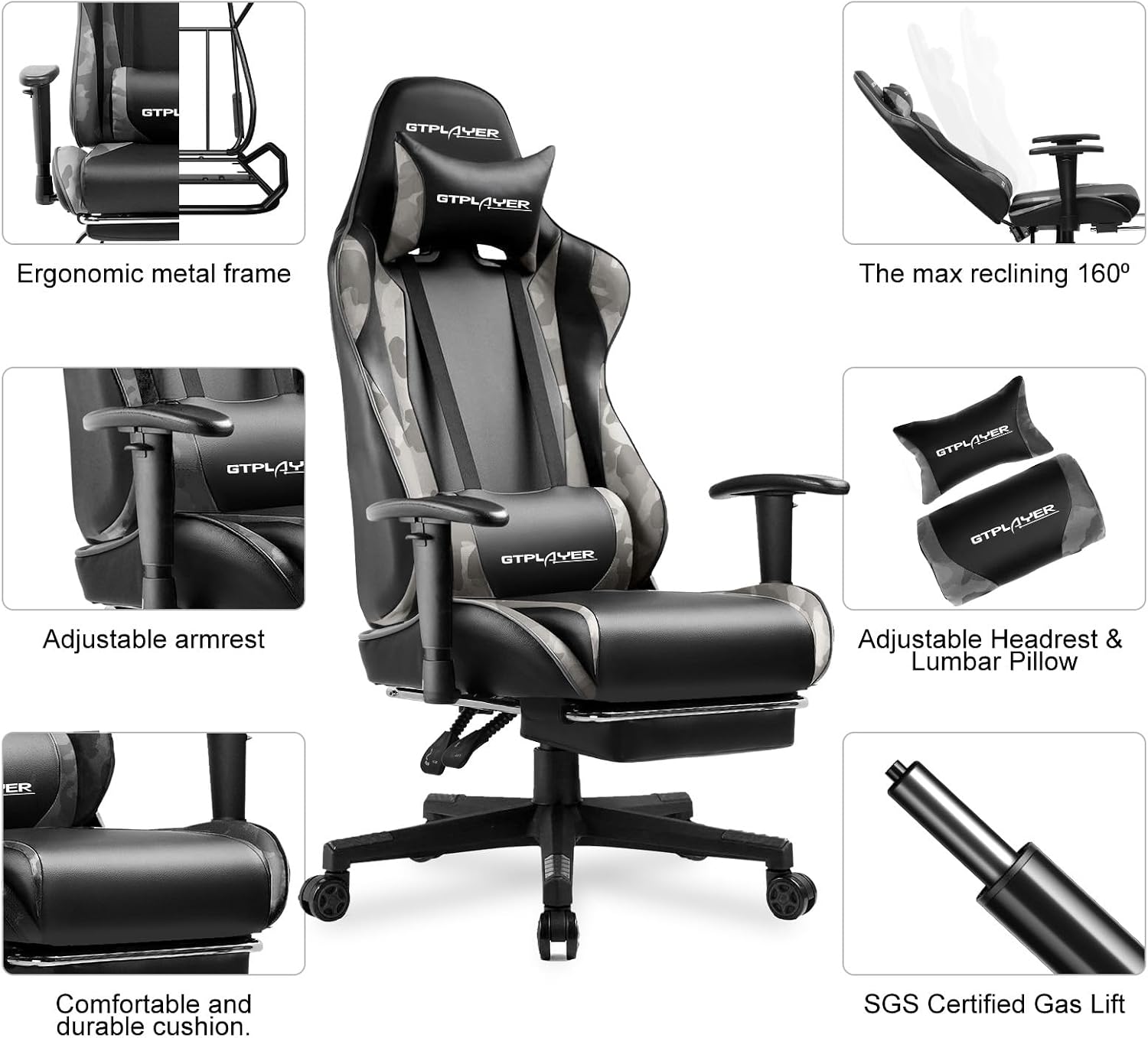 GTPLAYER Gaming Chair with Footrest, Ergonomic Computer Game Desk Chair, Reclining Gaming Chair Seat Height Adjustment, Swivel Rocker with Headrest and Lumbar (Camouflage)