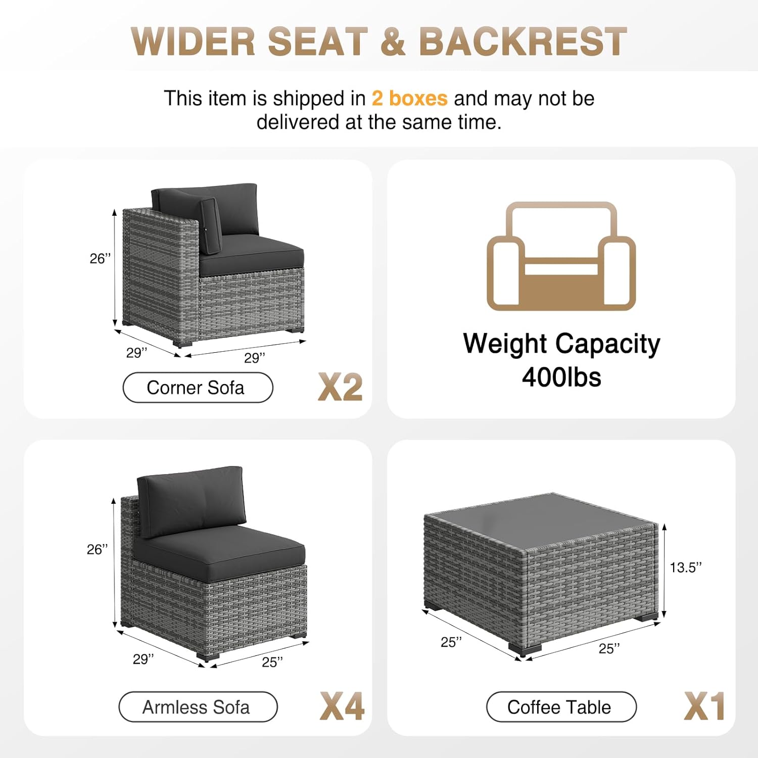 Aoxun Patio Furniture Sets, 7-Piece Outdoor Patio Furniture with Thick Cushions, Wicker Outdoor Conversation Set Sectional Sofa for Backyard, Poolside, Garden (Black-Grey, 7 x 25.6 - Seats)