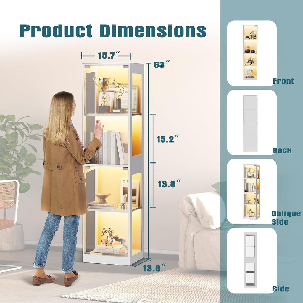 Grepatio Display Cabinet with Glass Doors, 4-Tier Display Case with RGB Lights, Glass Toy Display Cabinet for Collectible, Curio Cabinets Collectibles Display Shelf for Playroom, Living Room (White)