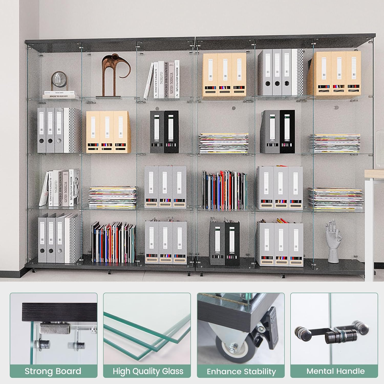 Beauty4U Glass Display Cabinet with 12 Shelves, Extra Large 3 Columns 2 Doors Curio Cabinets for Living Room, Bedroom, Office, Black Floor Standing DIY Glass Bookshelf, Quick Installation