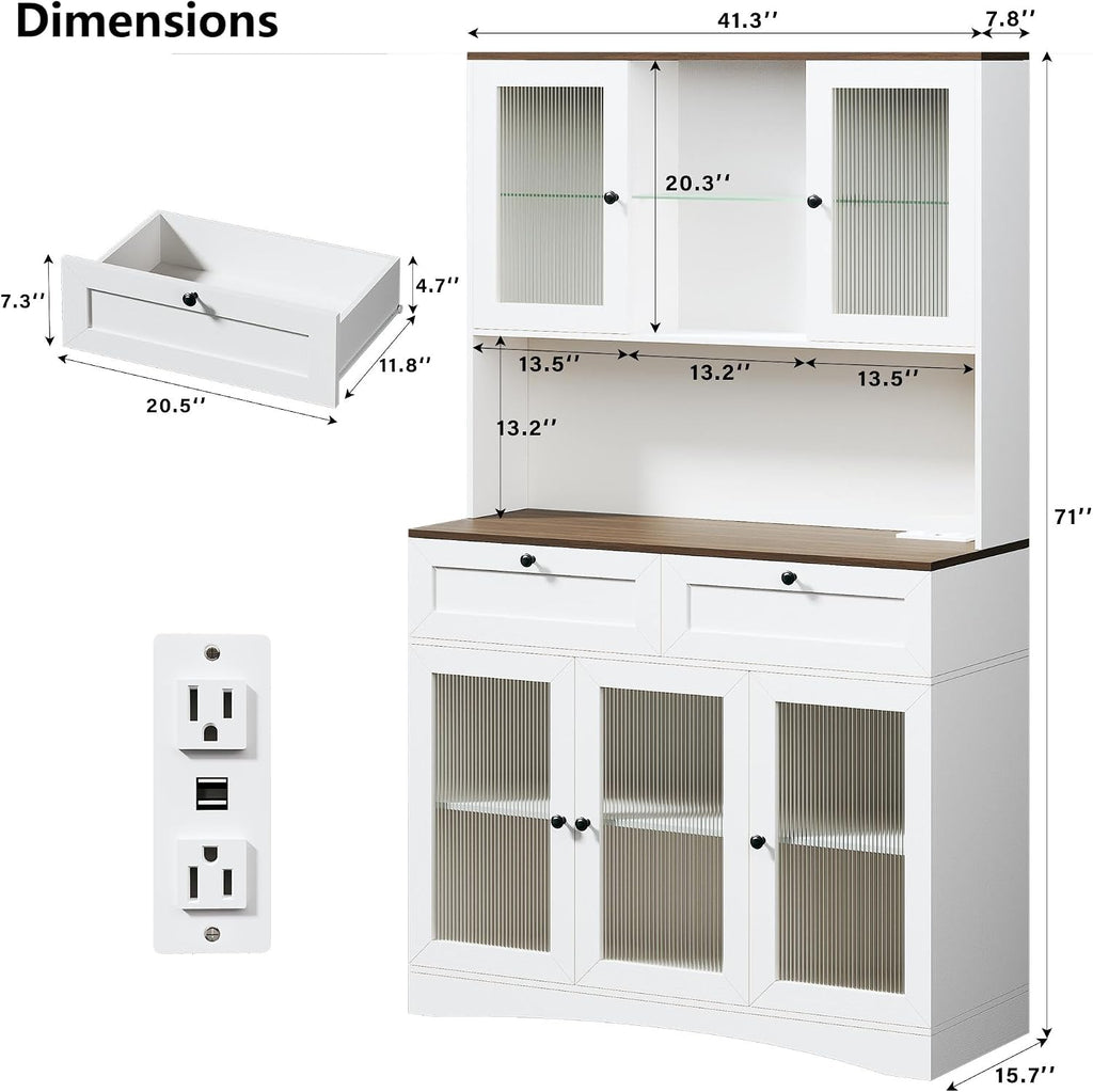 HUAHUU 71' Pantry Cabinet with Charging Station and LED Light, Modern Kitchen Pantry Cabinet with Microwave Stand, Tall Kitchen Hutch Food Pantry with Drawers & Shelves for Dining Room, White