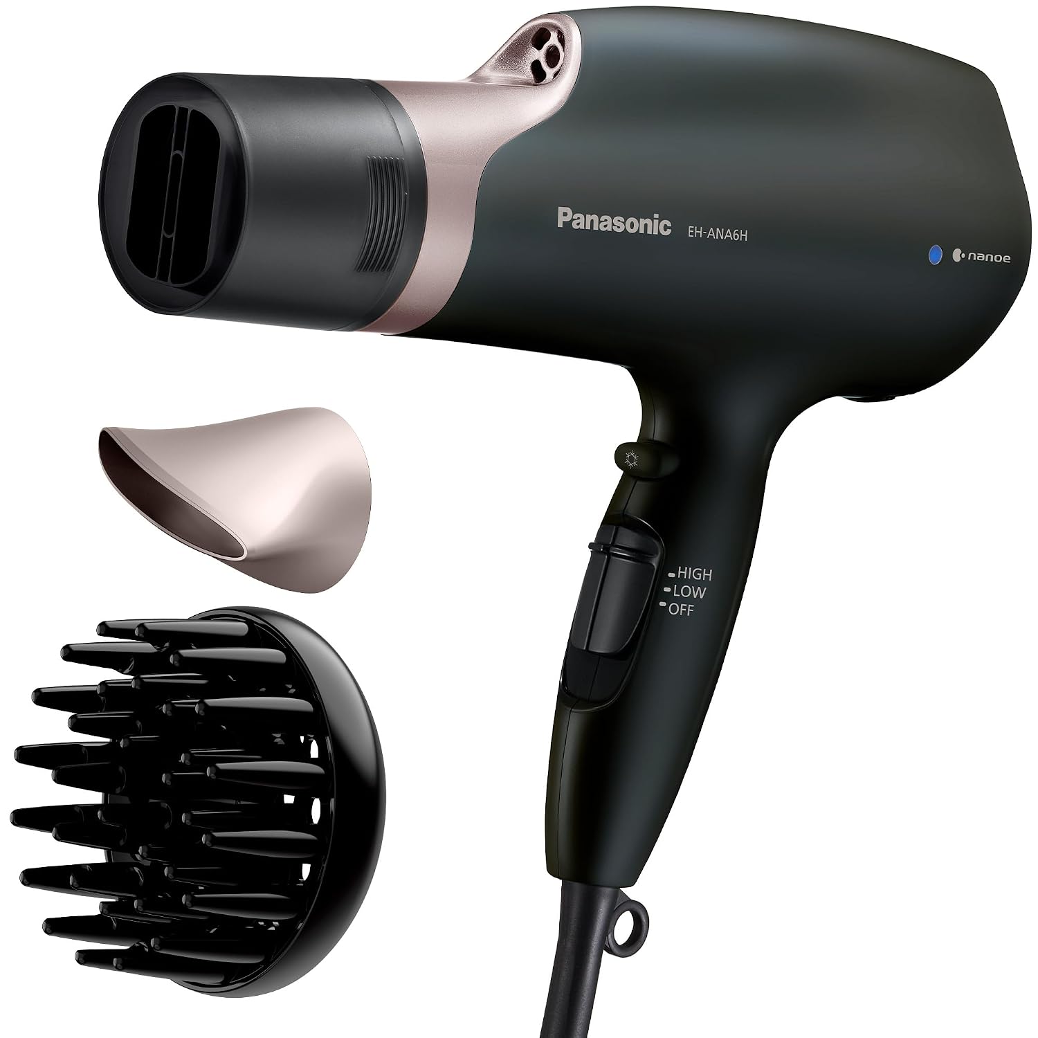 Panasonic Nanoe Salon Hair Dryer with Oscillating QuickDry Nozzle, Diffuser & Concentrator Attachments, 3 Heat & 2 Speed Settings, Japanese Technology for All Hair Types – EH-ANA6HN (Black/Pink Gold)