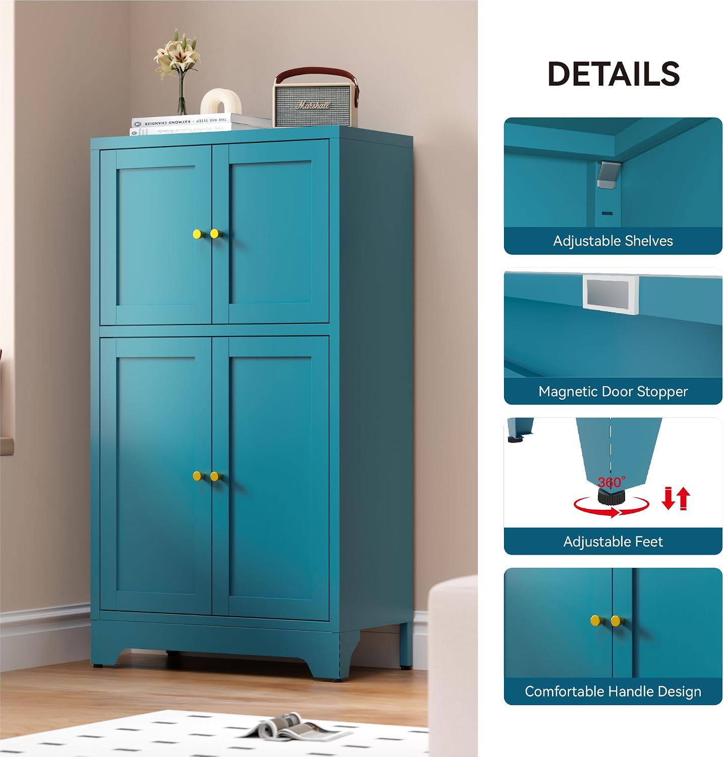 Bevivog Bathroom Floor Storage Cabinet,Metal Accent Cabinets with 4 Doors and 2 Adjustable Shelves,Blue Storage Locker Cabinets Organizer for Pantry Kitchen,Living Room,Hallway, Restroom
