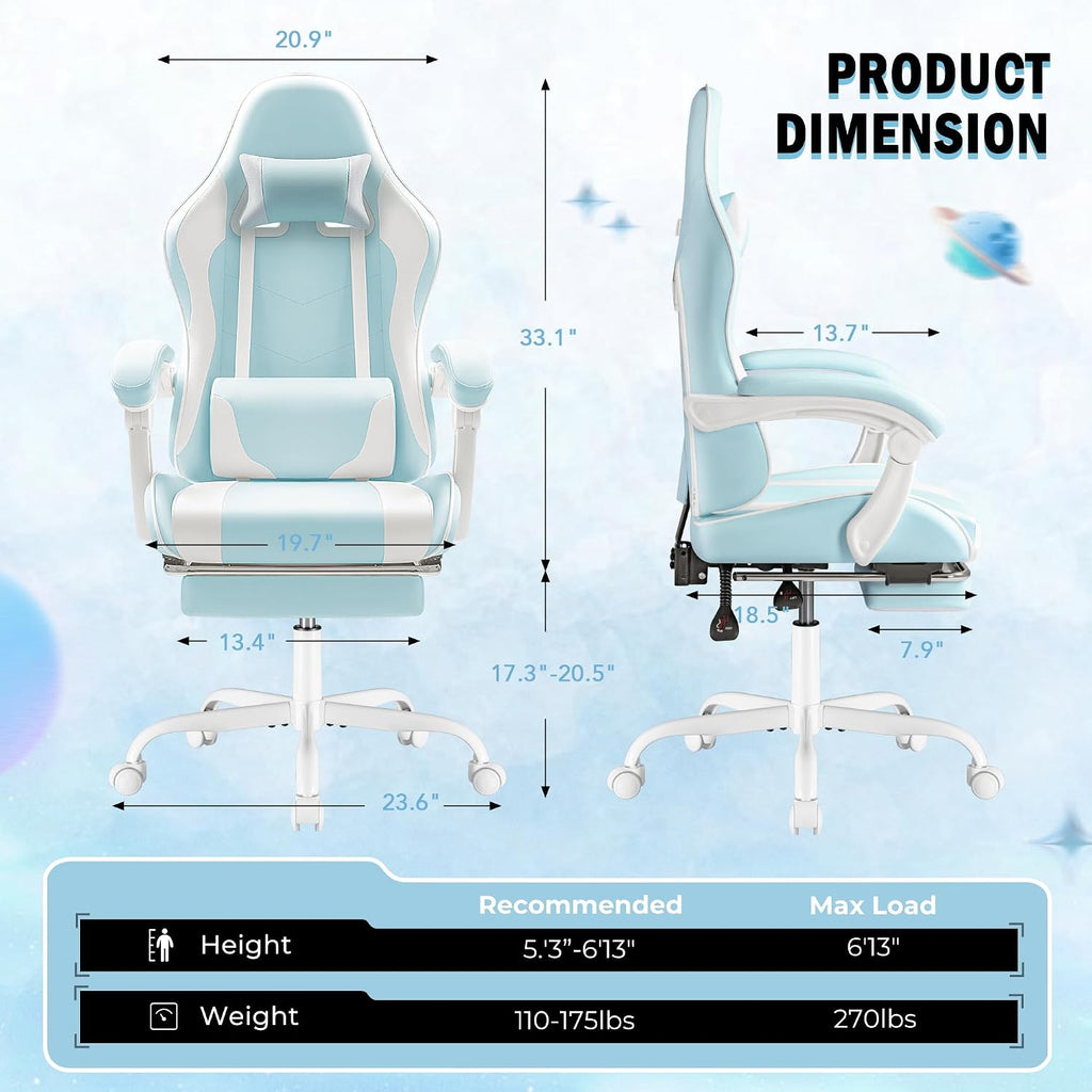 Homall Gaming Chair, Video Game Chair with Footrest and Massage Lumbar Support, Ergonomic Computer Chair Height Adjustable with Swivel Seat and Headrest (Light Blue)