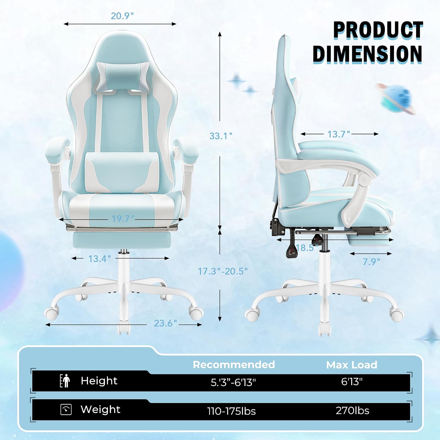 Homall Gaming Chair, Video Game Chair with Footrest and Massage Lumbar Support, Ergonomic Computer Chair Height Adjustable with Swivel Seat and Headrest (Light Blue)