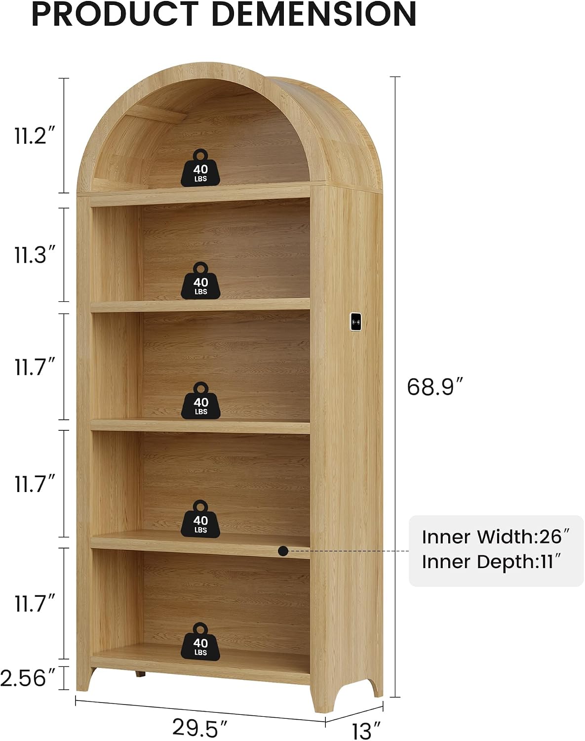 Arch Bookcase - 5 Tiers Bookshelf with 3 Colors LED Sensor Lights and Thickened Wooden Design Display Shelf for Lego Books Bathroom Living Room - Ideal Gift (Wood)