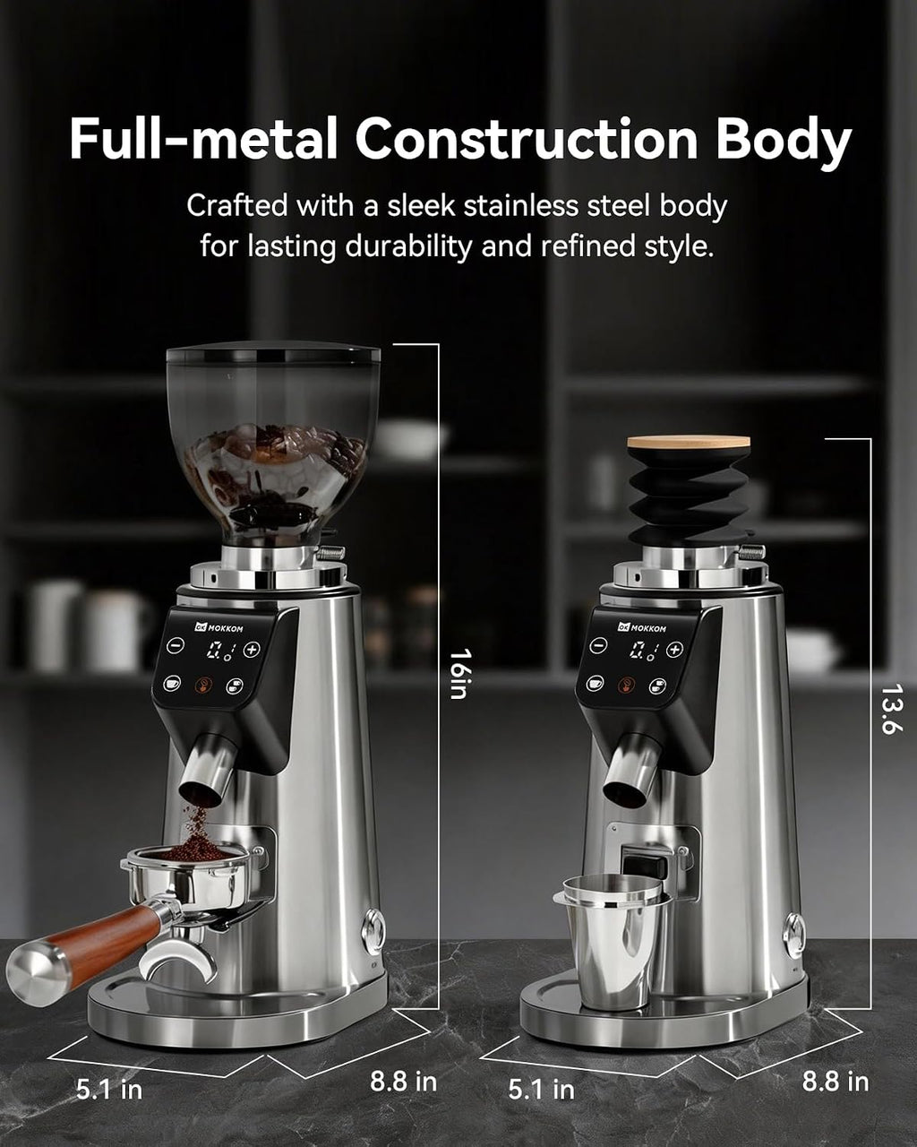 MOKKOM Professional 64mm Plated Flat Burr Coffee Grinder with 100 Grind Settings, All-Metal Stainless Steel Body, Coffee Bean Grinder with Adjustable Electronic Timer, Anti-Static, LED Display