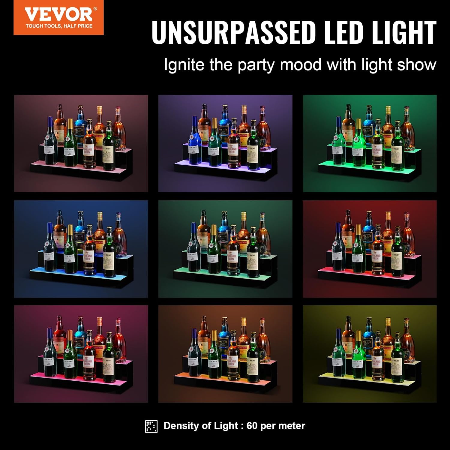 VEVOR LED Lighted Liquor Bottle Display, 2 Tiers 24 Inch Commercial Illuminated Home Bar Shelf, 2 Steps Whiskey Rack Stand, Acrylic Drink Shelves with RF Remote & App Control, and Multicolor Light