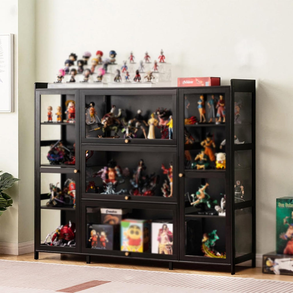 Display Cabinet, Curio Cabinet with Acrylic Doors, Figures and Curio Collection Display Case, Floor Standing Clear Showcase for Living Room Bedroom Black (Three Styles) 135×33×111cm