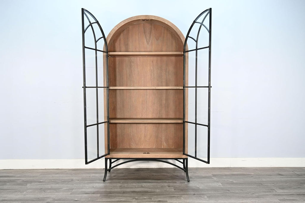 Sunny Designs Ella Arched Metal & Wood Display Cabinet with Glass Doors – Powder-Coated Steel Frame, Magnetic Latches, Adjustable Shelves, Windowpane Design, Living Room Storage (Oak Grove)