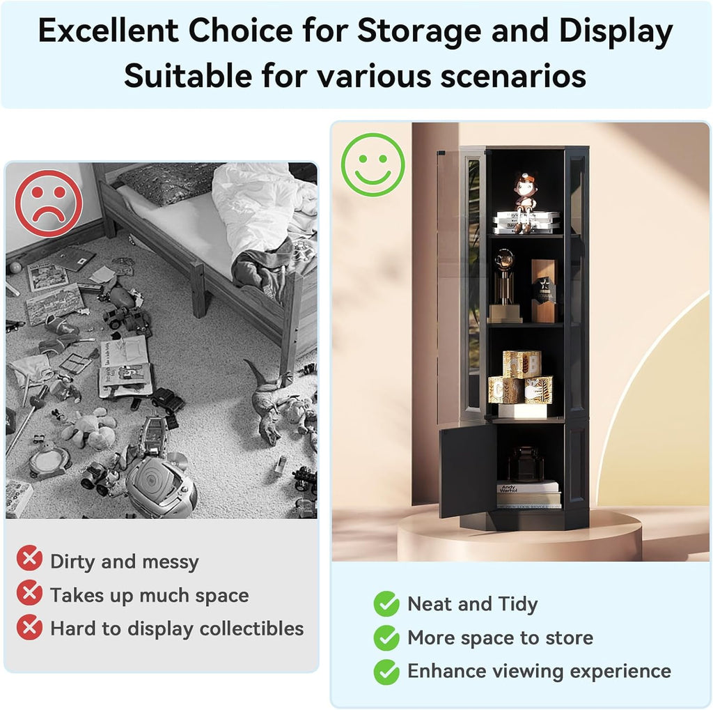 Verano Garden Corner Display Cabinet with Glass Doors, 65' Curio Cabinet w/Multi-Color LED Lights, 4-Tier Lighted Storage Display Case for Collectibles, Showcase Cabinet for Living/Game Room (Black)