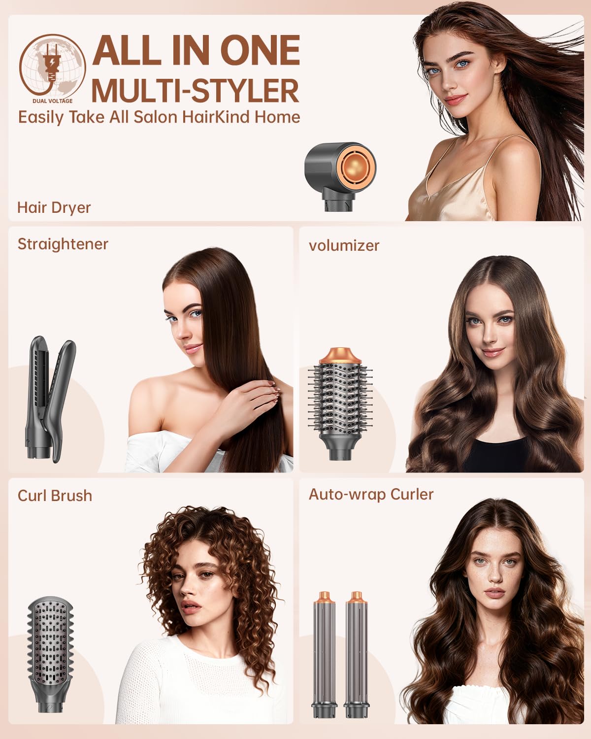 Hair Dryer Brush Air Styler: Dual Voltage 7 in 1 Ionic Multi Styling Tools with Hot Air Straightener, Auto Wrap Curlers, Frizz-Free Volumizer, Fast Blow Drying Curling Straightening and Smoothing