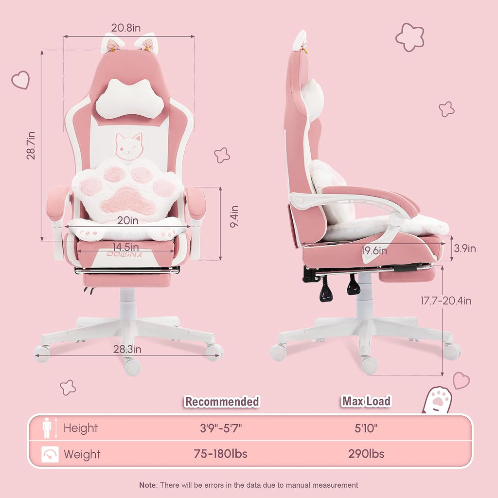 Dowinx Gaming Chair Cute with Cat Ears and Paw Lumbar, Ergonomic Computer Chair for Girl with Footrest and Headrest, Comfortable Reclining Game Chair 290lbs for Adult, Teen, Pink