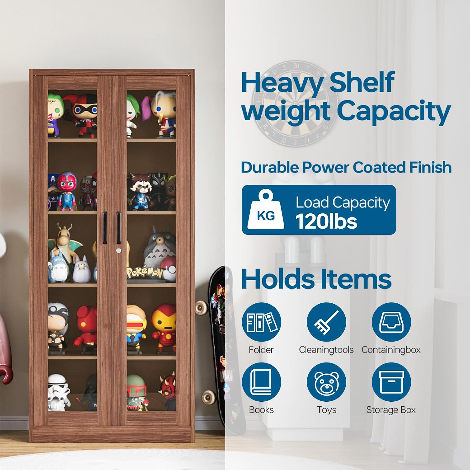 PEUKC Display Cabinet with Glass Doors, 71 Inches Metal Curio Storage Cabinets with 4 Adjustable Shelves, Locking Glass Cabinet Display Case for Home, Office, Clinic, Pantry (Brown)