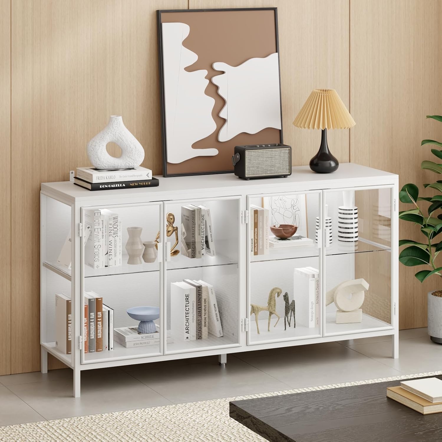 FUFU&GAGA Sideboard Buffet with LED Lights, Glass Doors, Modern Display Cabinet with Glass Shelves, White Cupboard Credenza with Metal Leg, for Living Room Kitchen, 55.1'W x 15.7'D x 29.5'H