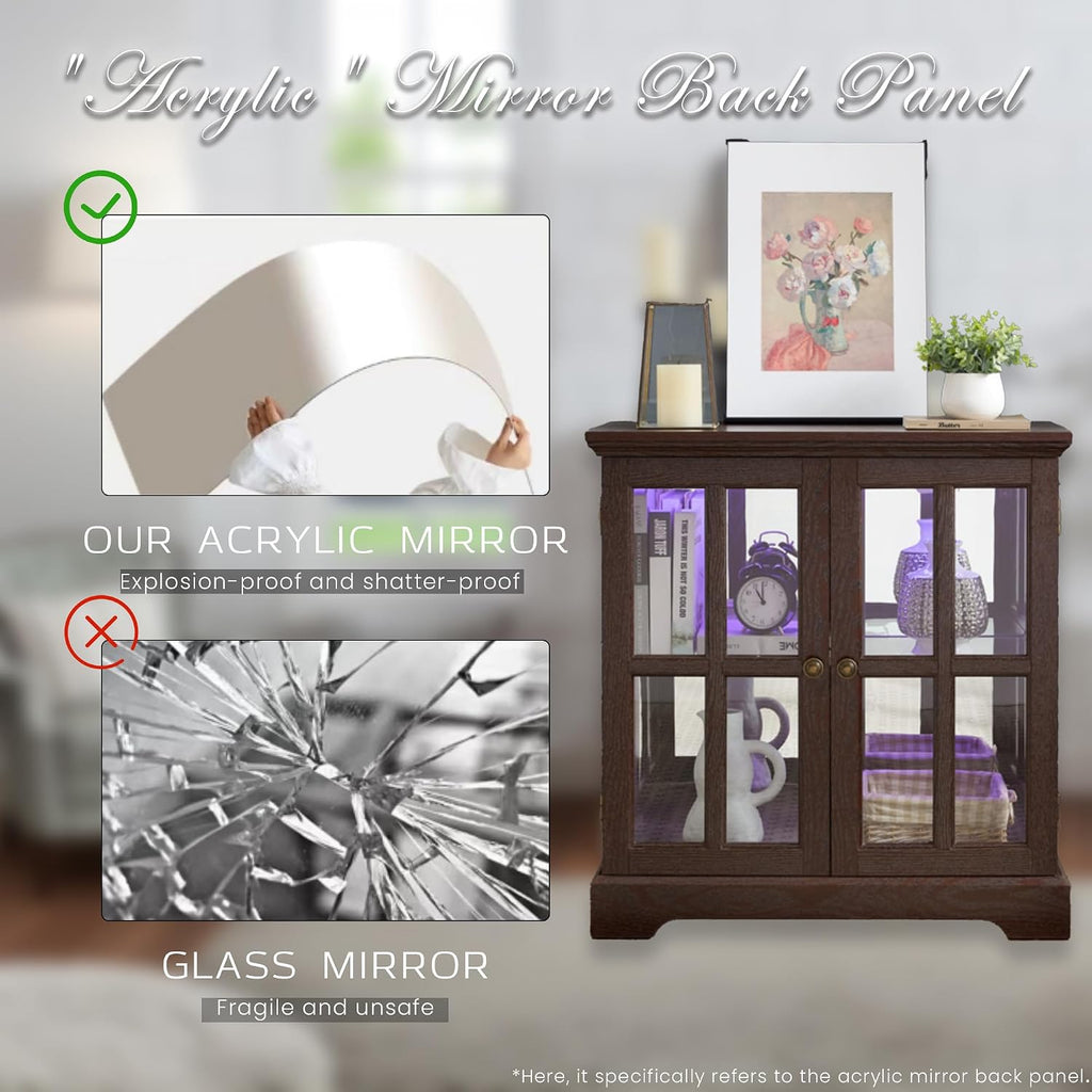 32' H LED Accent Curio Cabinet with 7 Color Lights for Collectibles, Modern Storage Cabinet with Tempered Glass Doors, Sideboard Buffet Case with Smartphone-Controlled Lights (Dark Cherry)