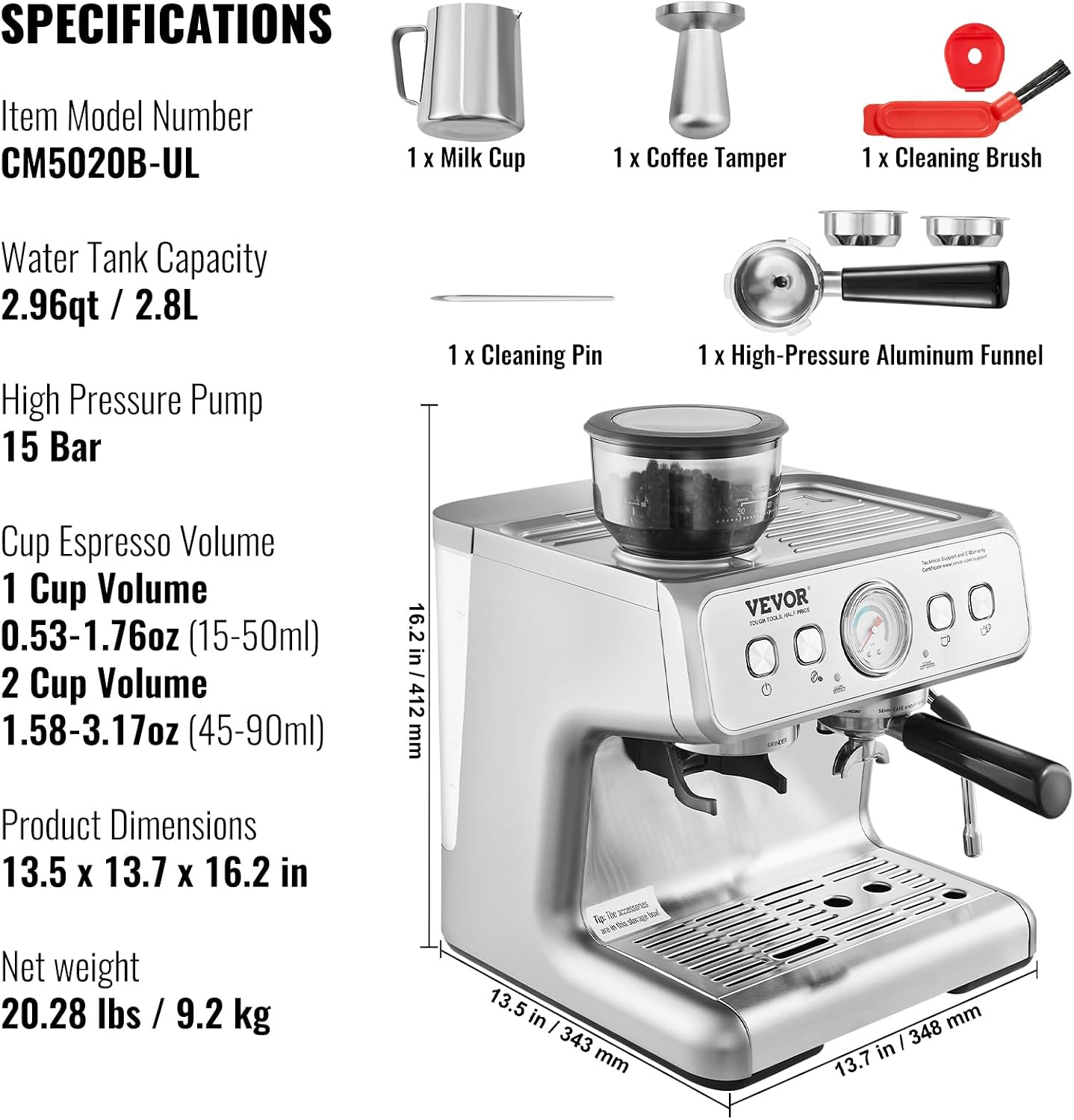 VEVOR Espresso Machine Built-in Grinder, 15 Bar Semi-Automatic Espresso Coffee Maker with Milk Frother Steam Wand, PID Control System for Cappuccino, Latte, Machiato