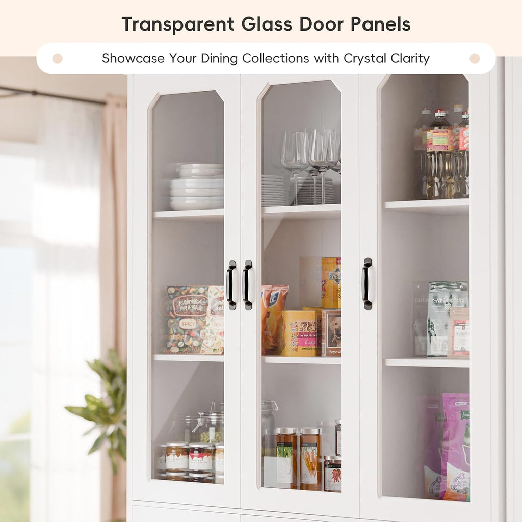 MU 78.7' Tall Kitchen Pantry with 3 Glass Doors, Freestanding China Cabinet with Adjustable Shelves, Large Kitchen Pantry Storage Cabinet Cupboard for Dining Room, Living Room, White (X-Large, 46' W)