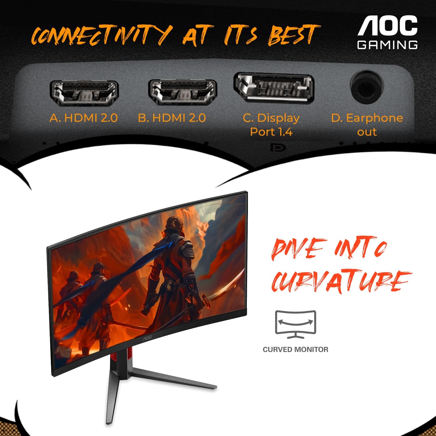AOC C27G4H2 27' Curved Gaming Monitor, FHD 1920x1080, 1500R, 200Hz Refresh Rate, 0.3ms Response Time, Height Adjustable, Black, Xbox PS5 Switch Compatible
